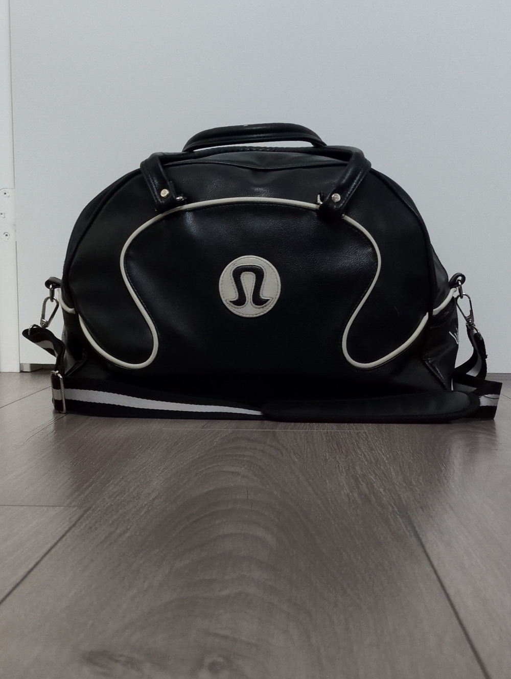 Vintage Y2K Lululemon Athletica Black Duffle Gym Bag with Cream Piping Detail